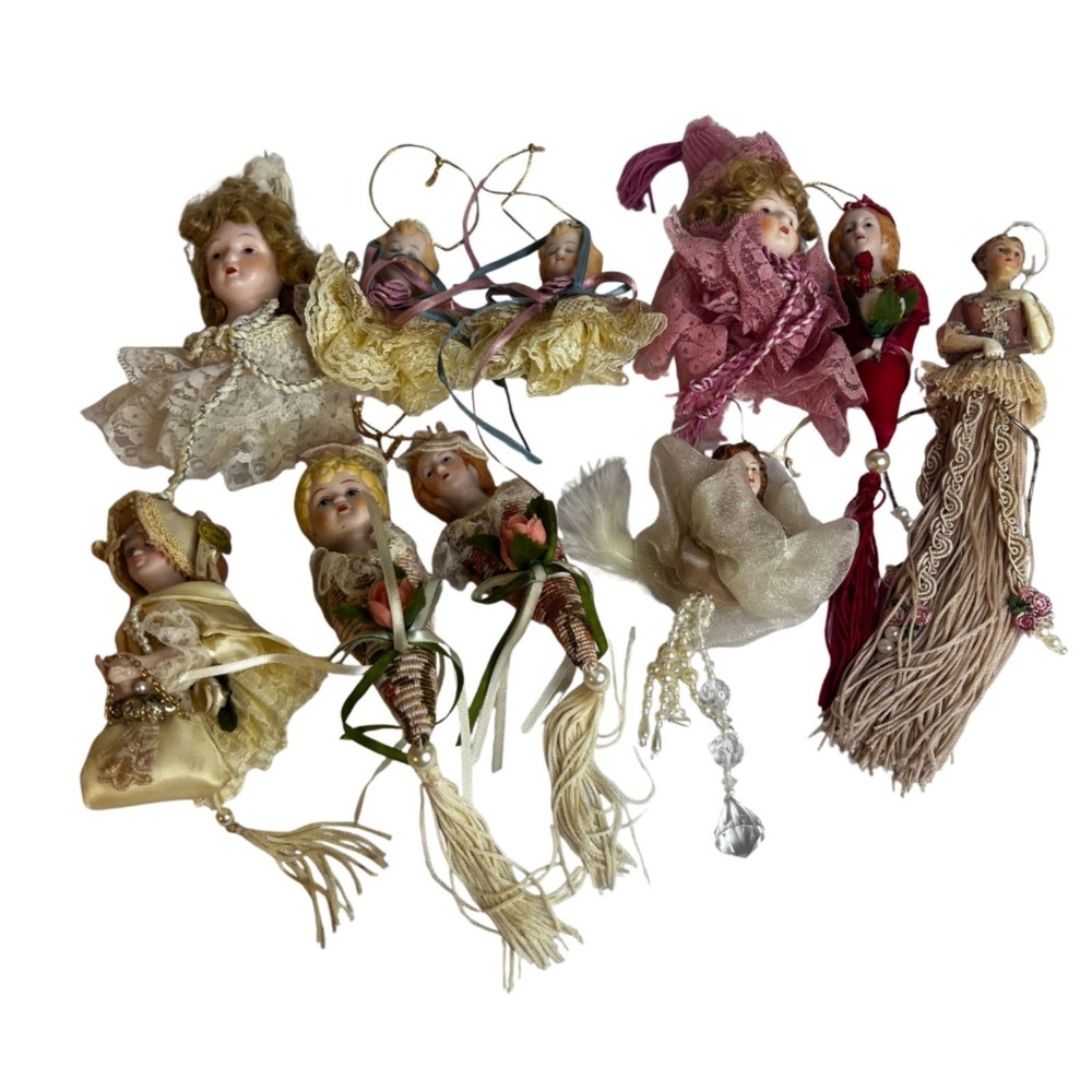 Victorian Christmas Ornaments Doll Heads Bisque Tassels Mixed Lot - 10 Porcelain